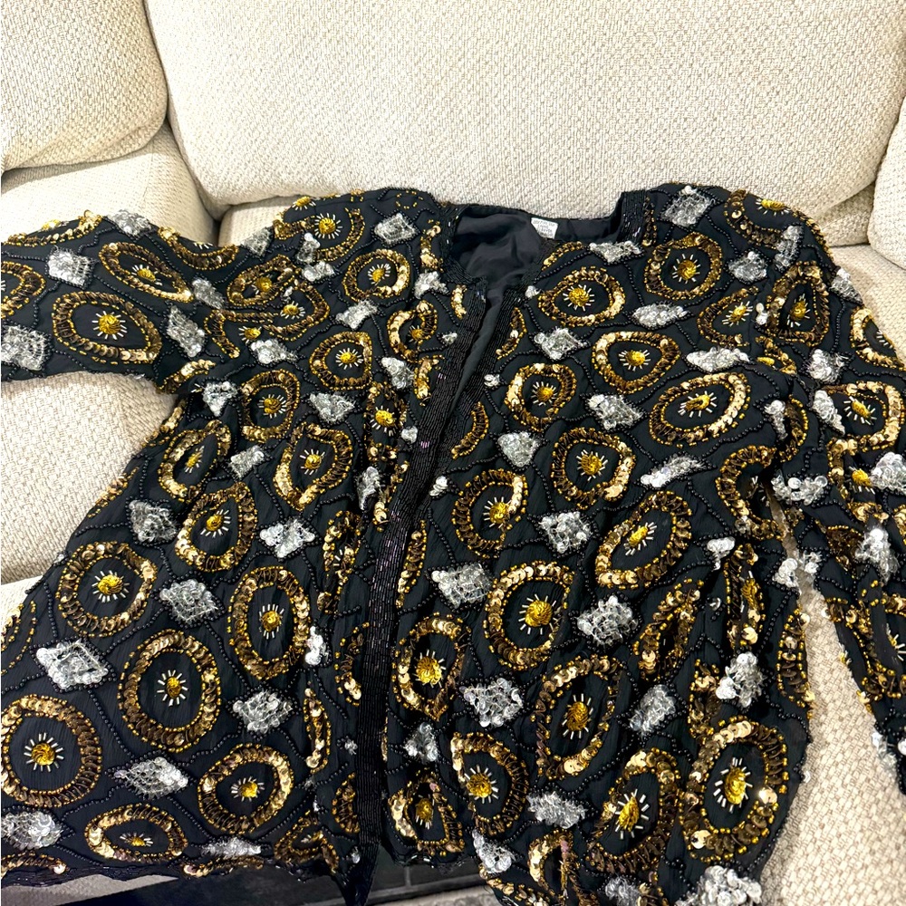 Silk embroidered jacket , gold and black , beaded